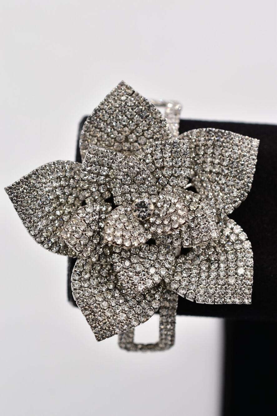 Vintage Rhinestone Flower Bracelet Prong Crystal Statement Bangle Silver BinBR